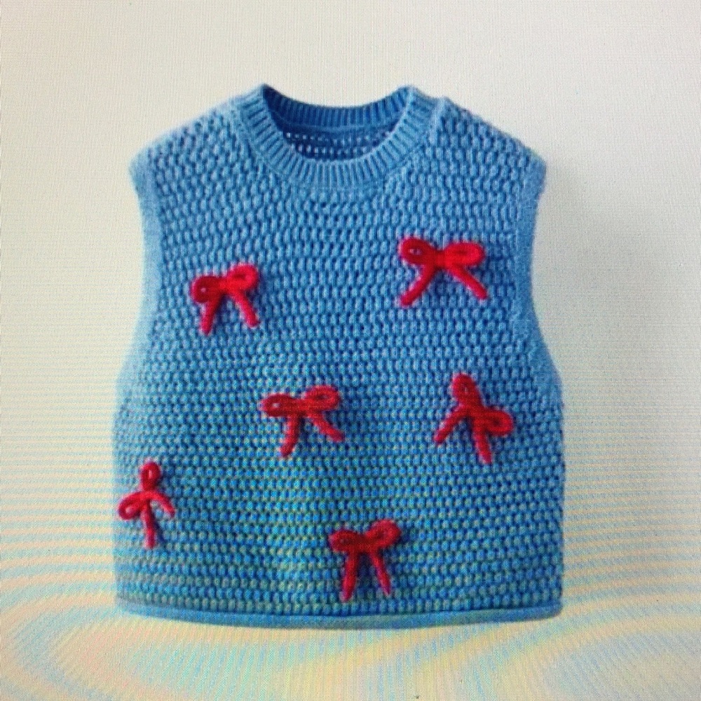 Blue Knit Vest with Red Bows